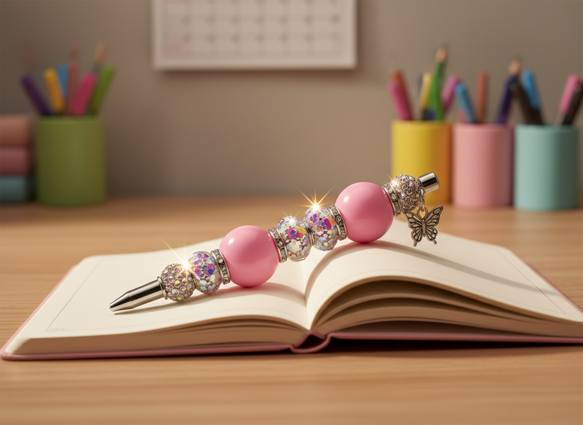 A single custom rhinestone pen lying diagonally across an open, unlined notebook with a pale pink cover, on a smooth, light wood tabletop. The pen features oversized bubblegum-pink acrylic beads, iridescent rhinestone beads, and a tiny silver metal charm shaped like a butterfly, all gleaming under soft studio lighting. The light creates sparkling reflections on the rhinestones and a subtle glow on the notebook pages. The background is softly out of focus, showing hints of colorful pen jars and a blurred calendar, adding a sense of everyday organization. Captured at eye level with a shallow depth of field, the mood is playful, stylish, and inspiring, perfect for school or journaling.