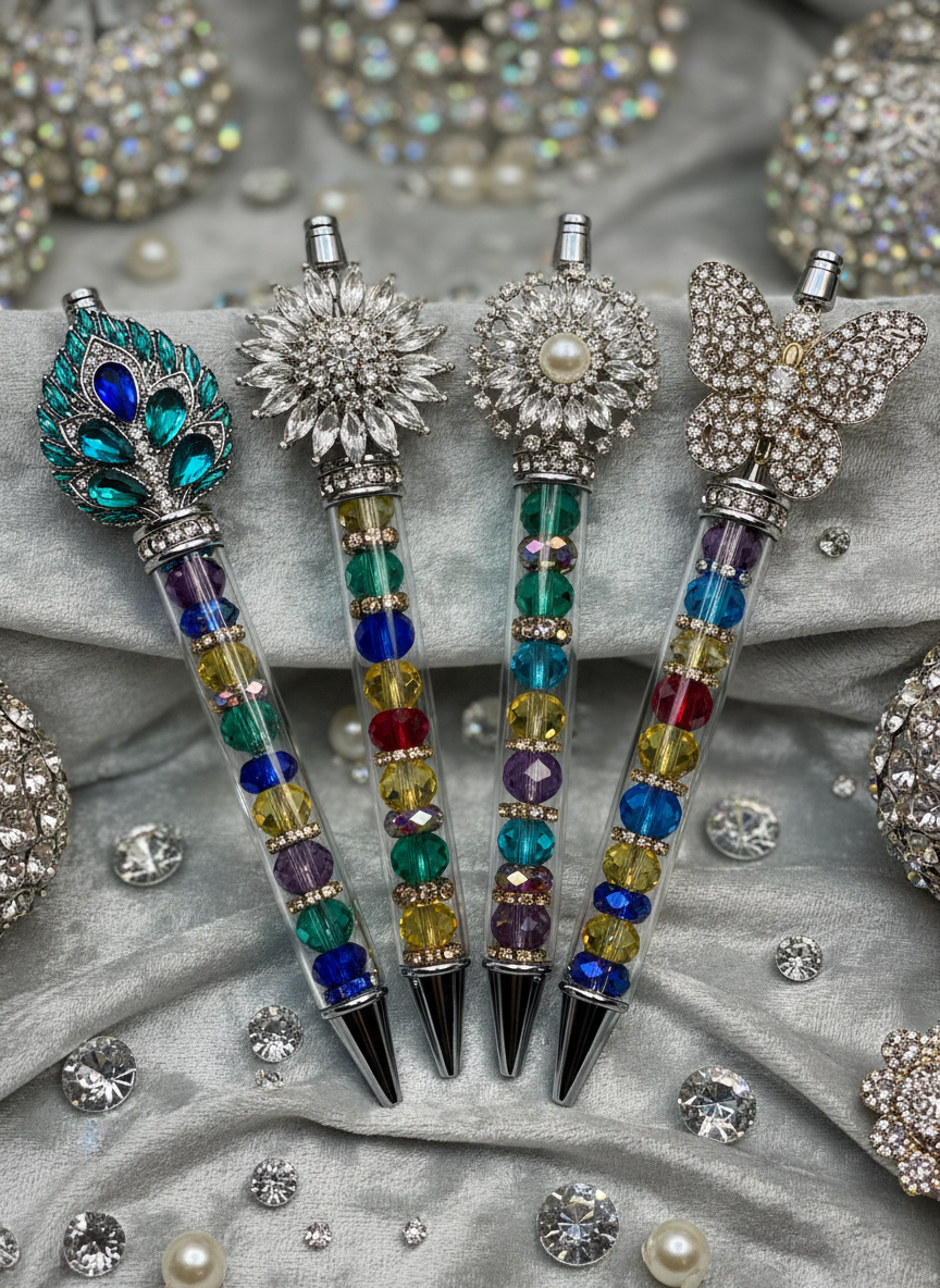 beadable pens with metal bling brooches and rhinestone beads, beautiful, sparkly, very fancy designs. The pens must be beadable style, not regular pens.
